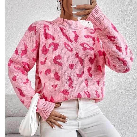 Pink Cheetah Leopard Animal Print Knit Sweater Pullover Long Sleeve - Picture 4 of 7